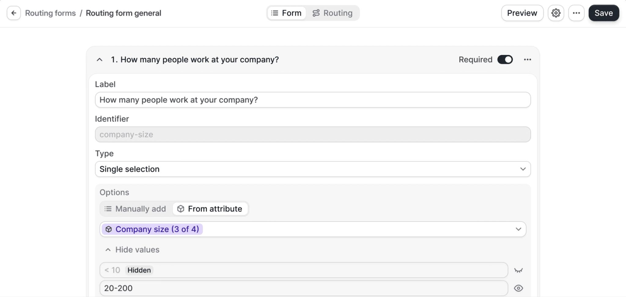 A routing form in Cal.com showing questions that guide candidate assignment to teams