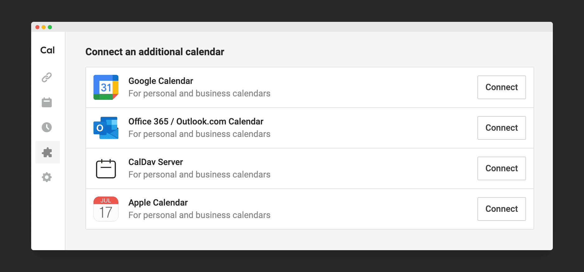 Cal.com connect calendar options list