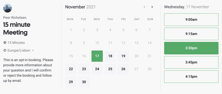 Cal.com booking page with calendar and time slots