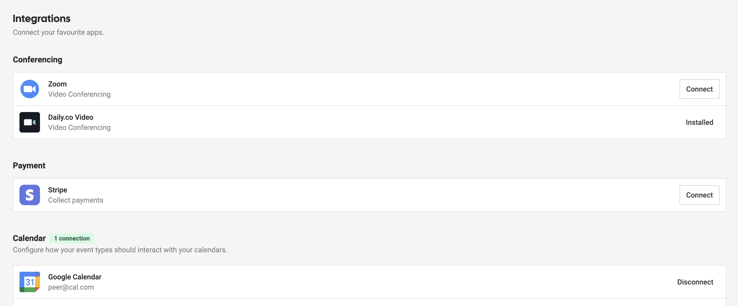 Cal.com integrations settings screenshot