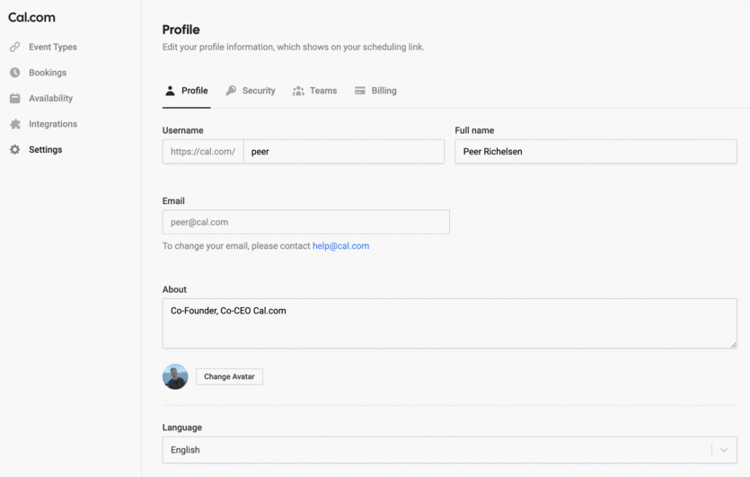 Cal.com profile settings screenshot