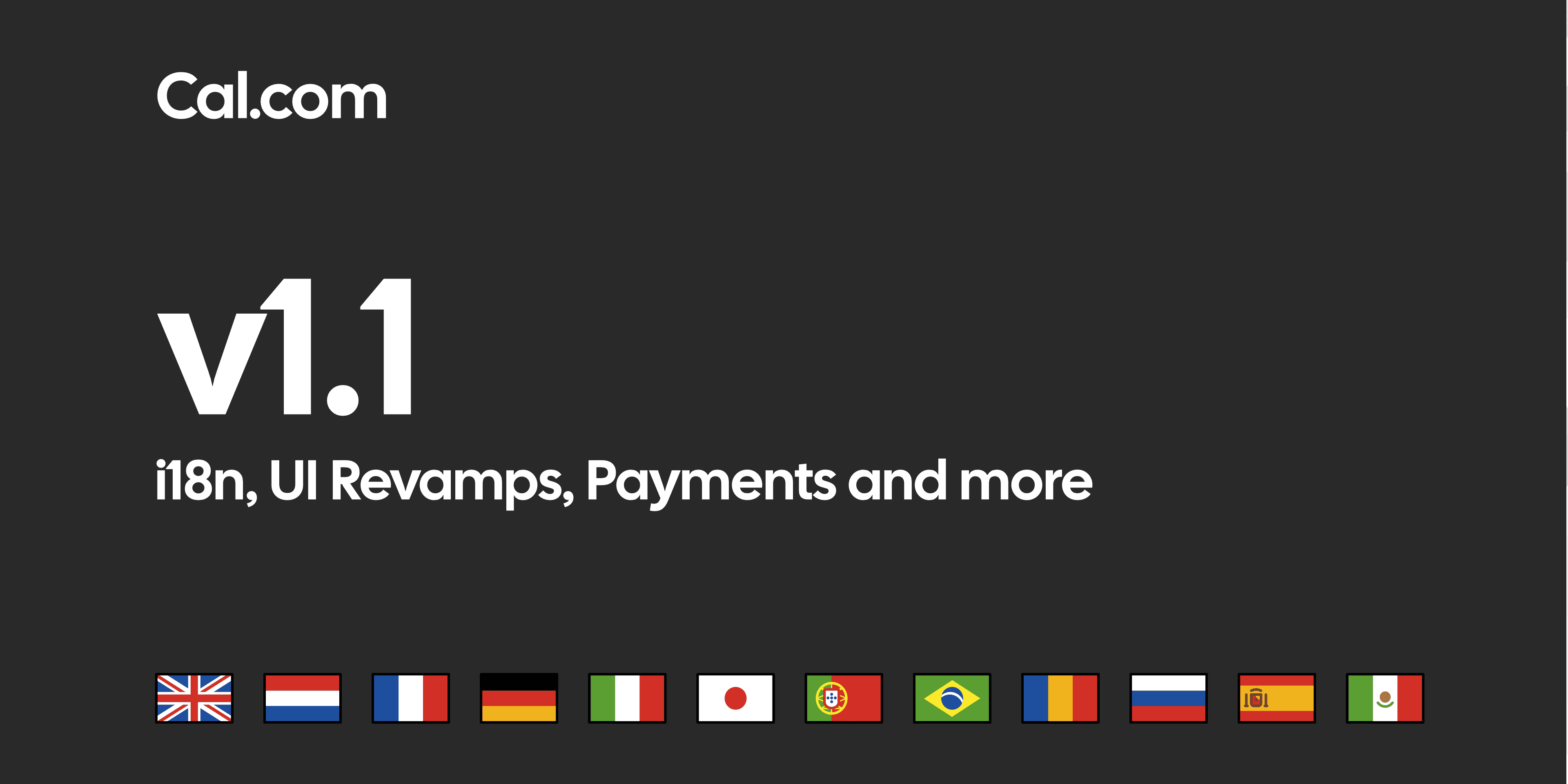 Cal.com v1.1 release note with country flags