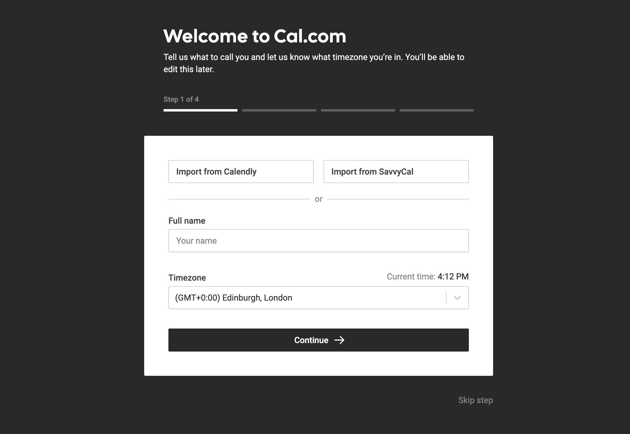 Cal.com onboarding welcome screen with import options