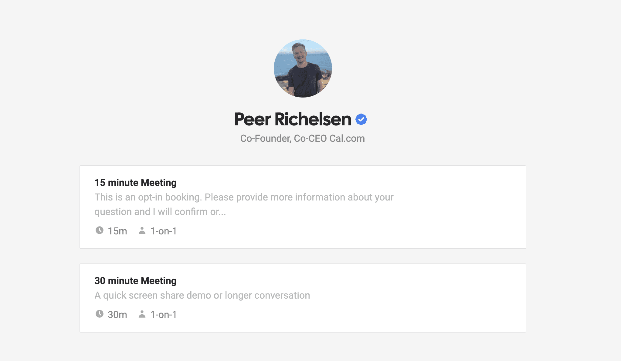 Cal.com booking page for Peer Richelsen