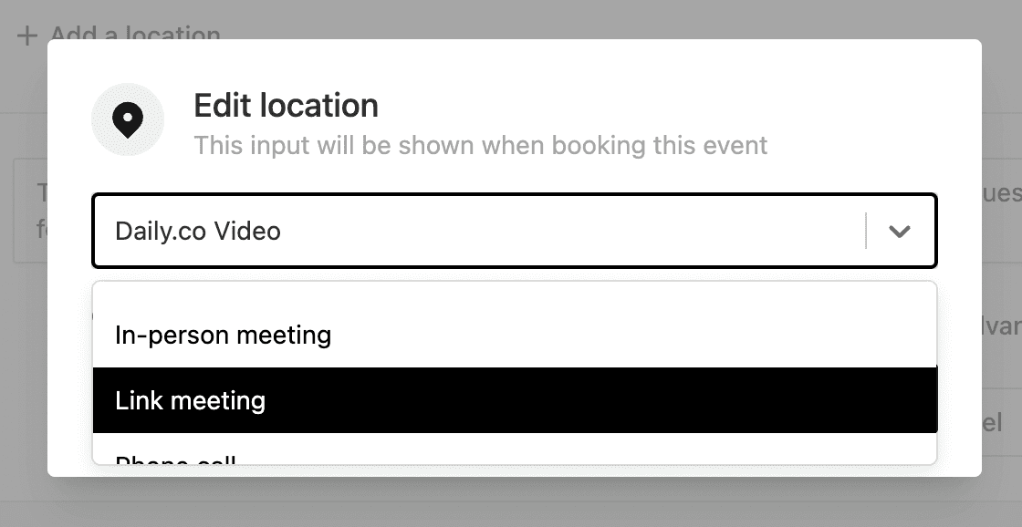 Cal.com edit location dropdown for an event