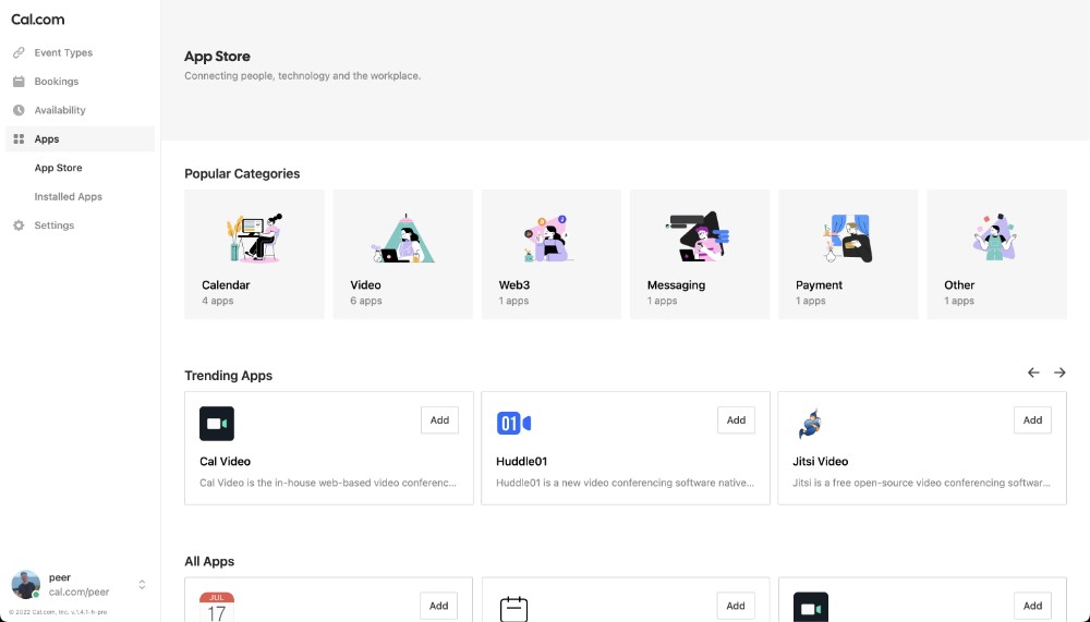 Screenshot of Cal.com app store page