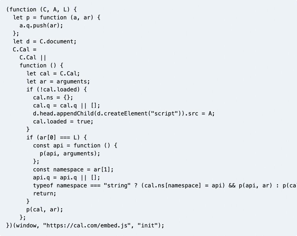Cal.com embed script code snippet