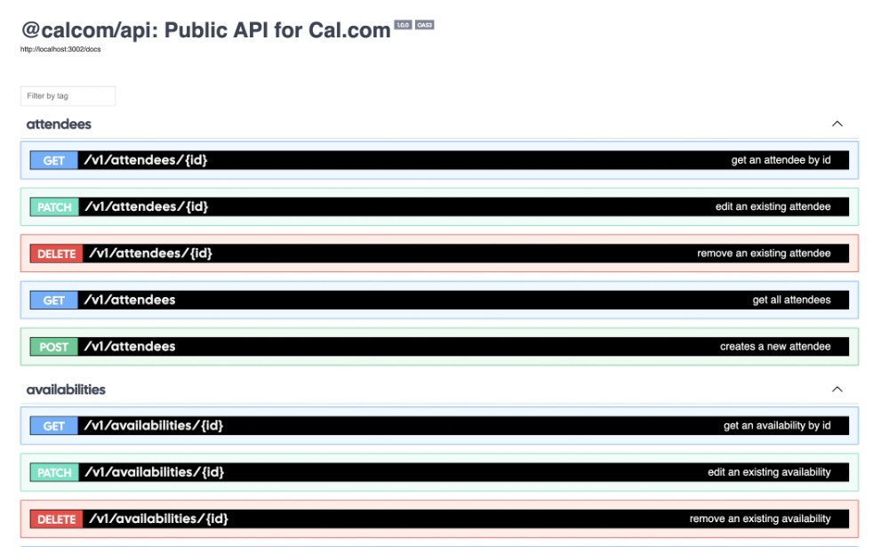 Cal.com public API documentation endpoint list