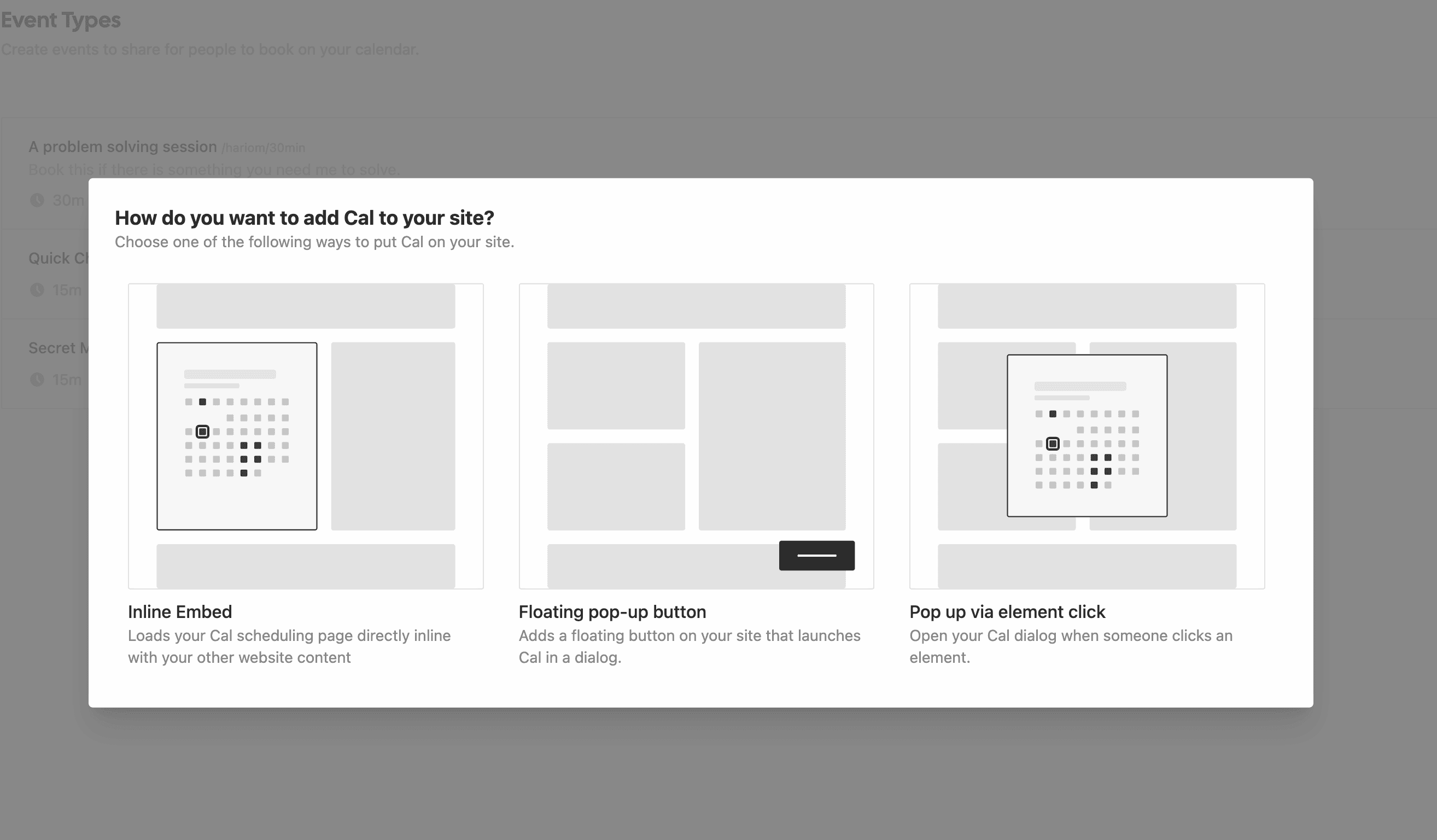 Cal.com embed options dialog with three layout choices