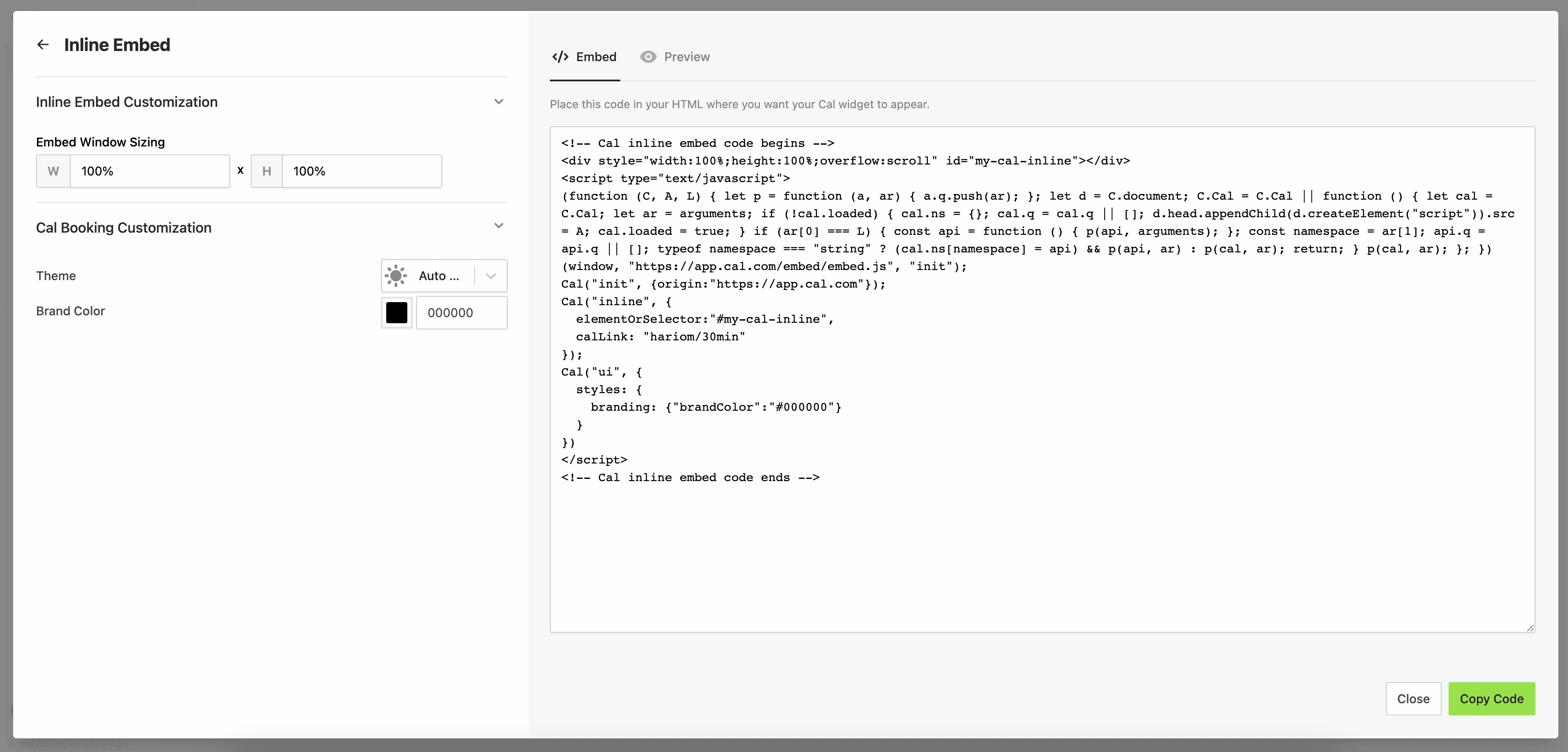 Cal.com inline embed customization screen
