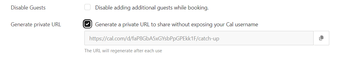 Cal.com private URL generation setting