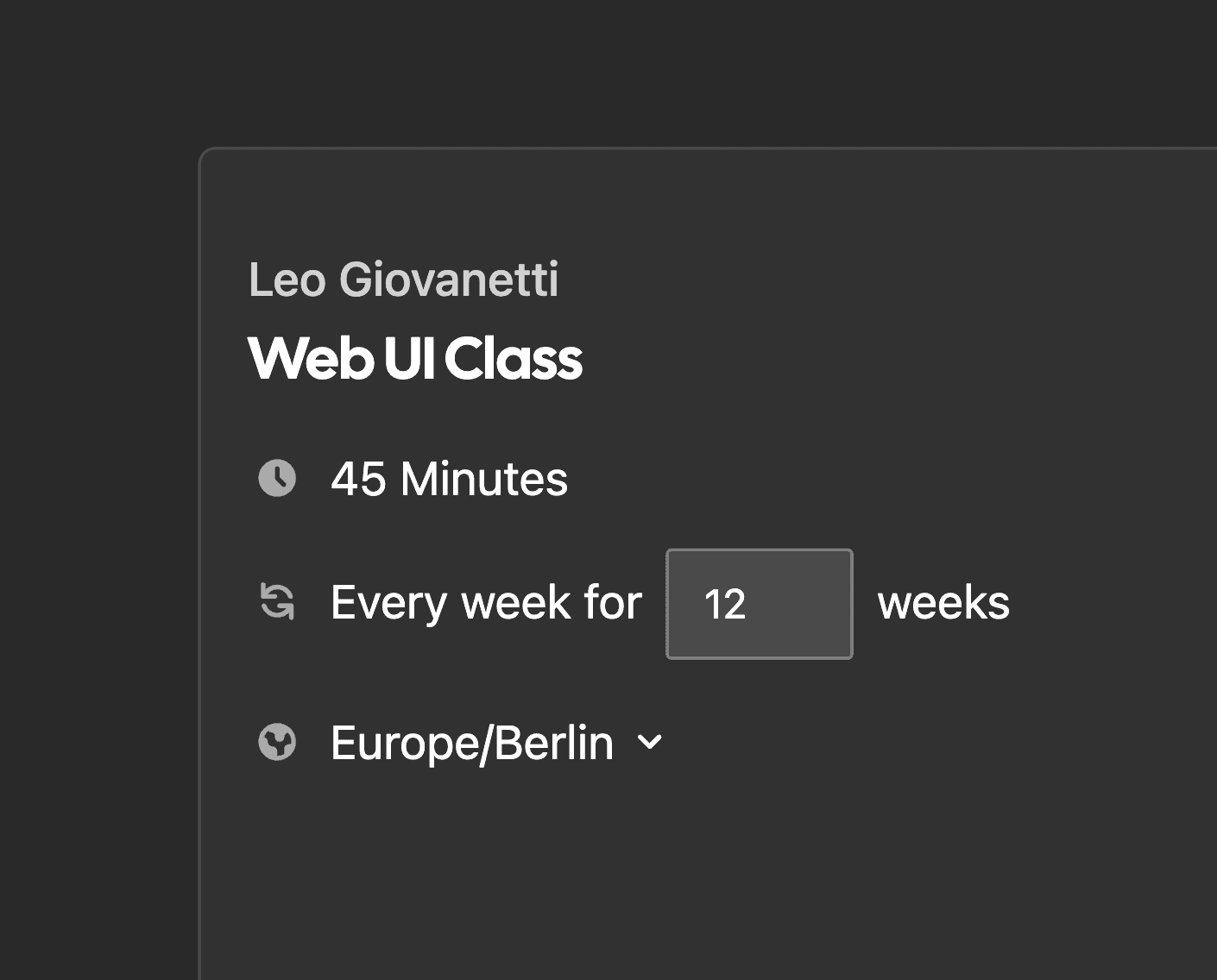 Screenshot of a recurring weekly booking confirmation card