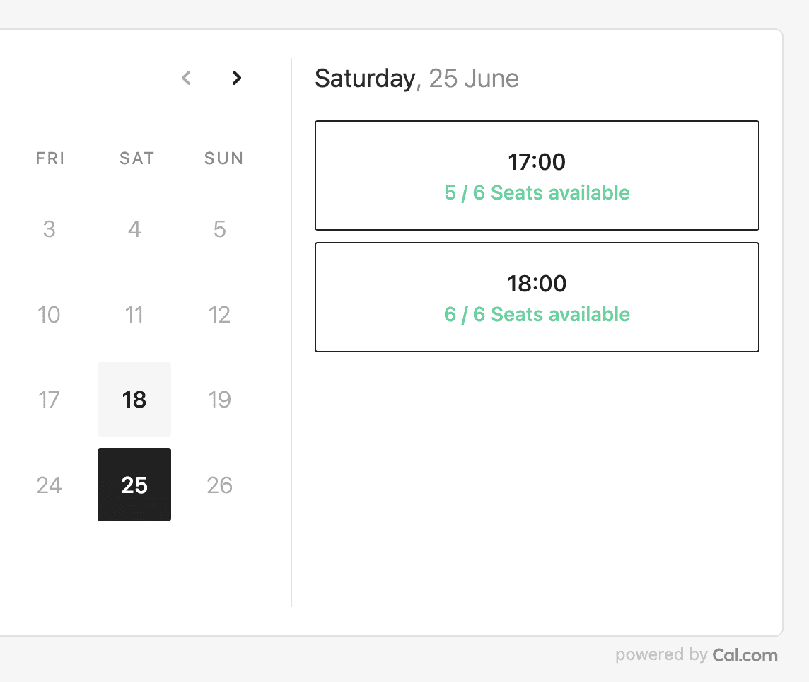 Cal.com booking widget with seat availability