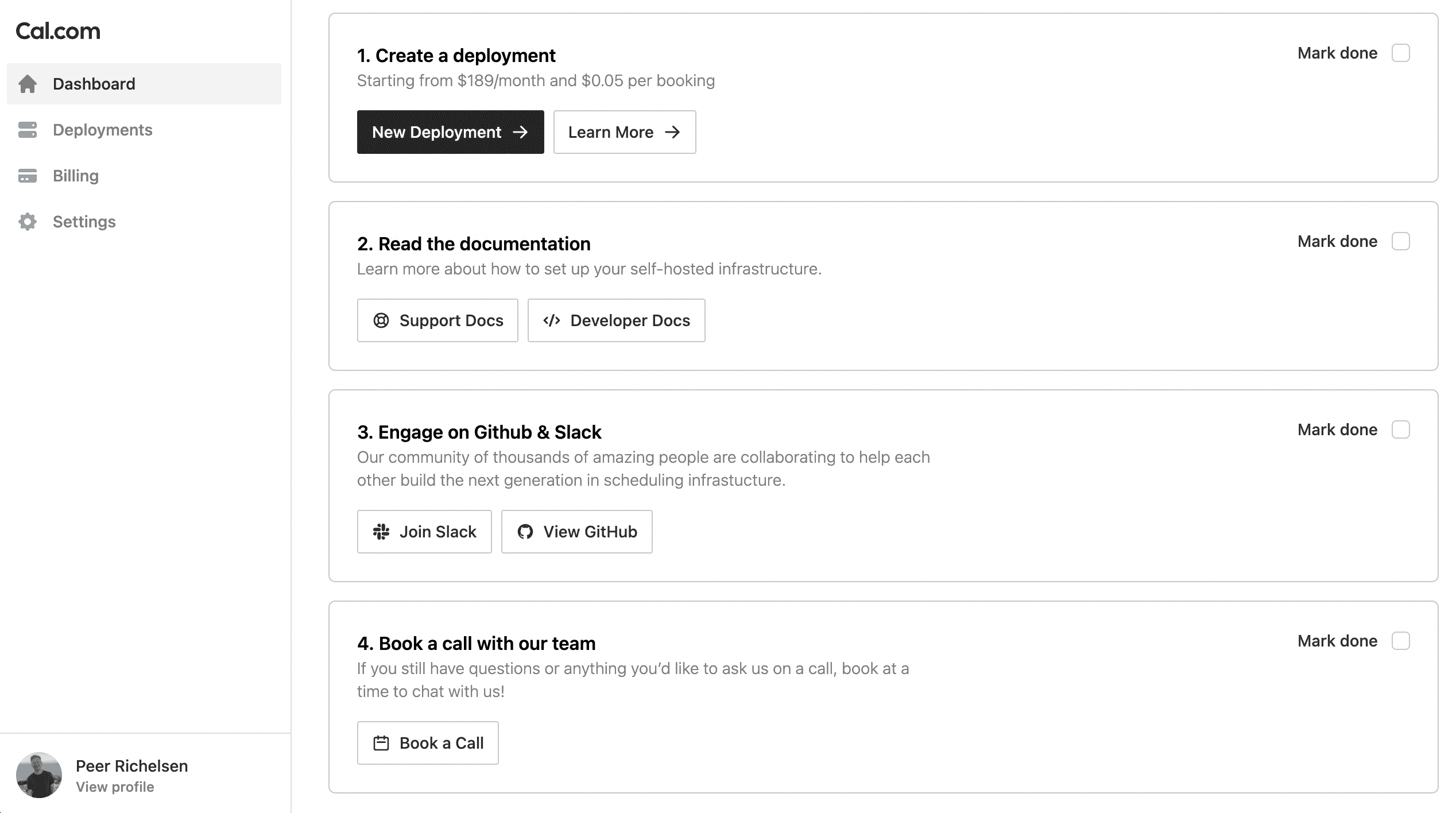 Cal.com self-hosted dashboard onboarding checklist