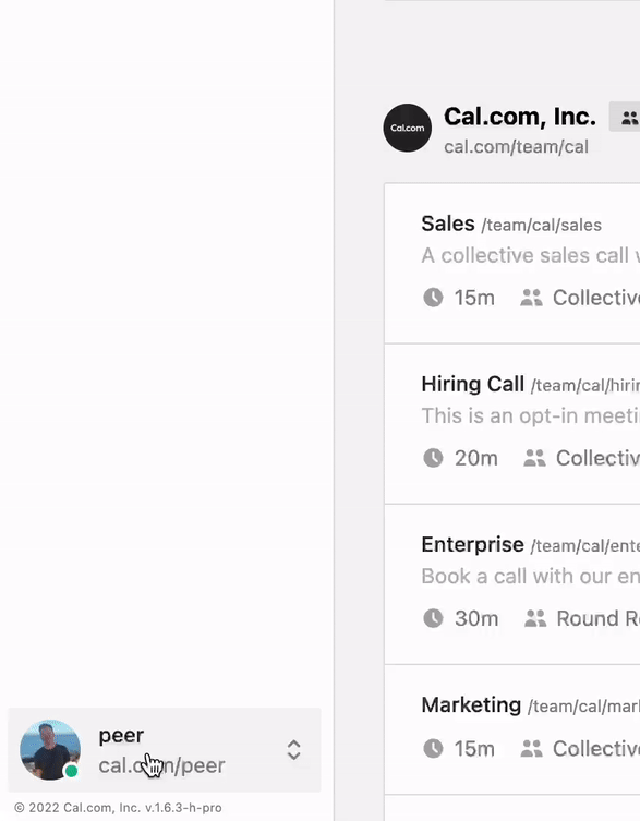 Screenshot of Cal.com team booking page listing event types
