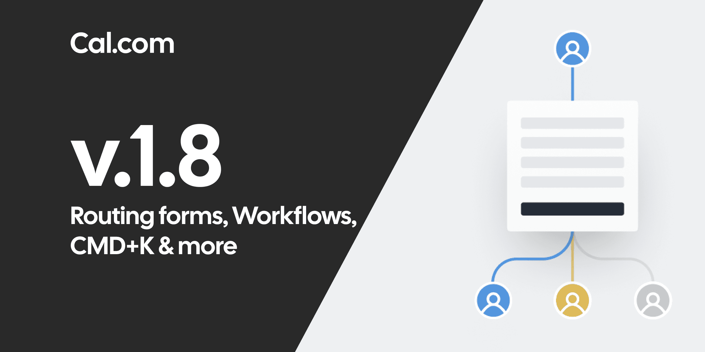 Cal.com v1.8 release banner with routing forms icon