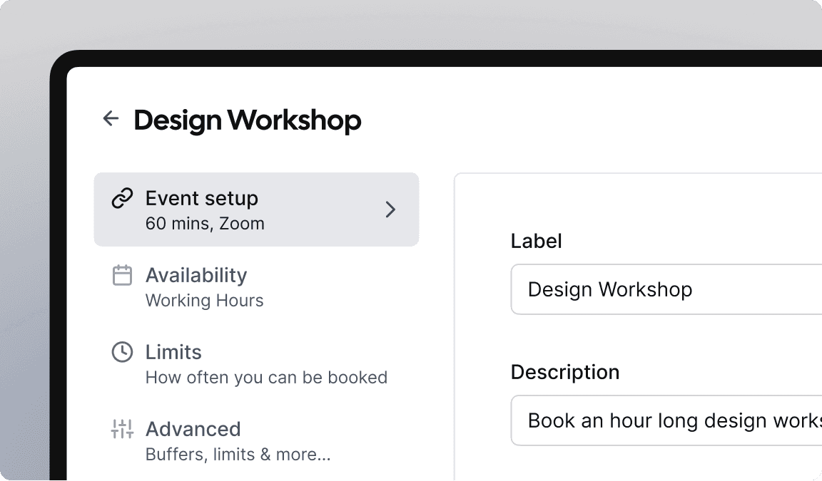 Cal.com event setup screen for workshop