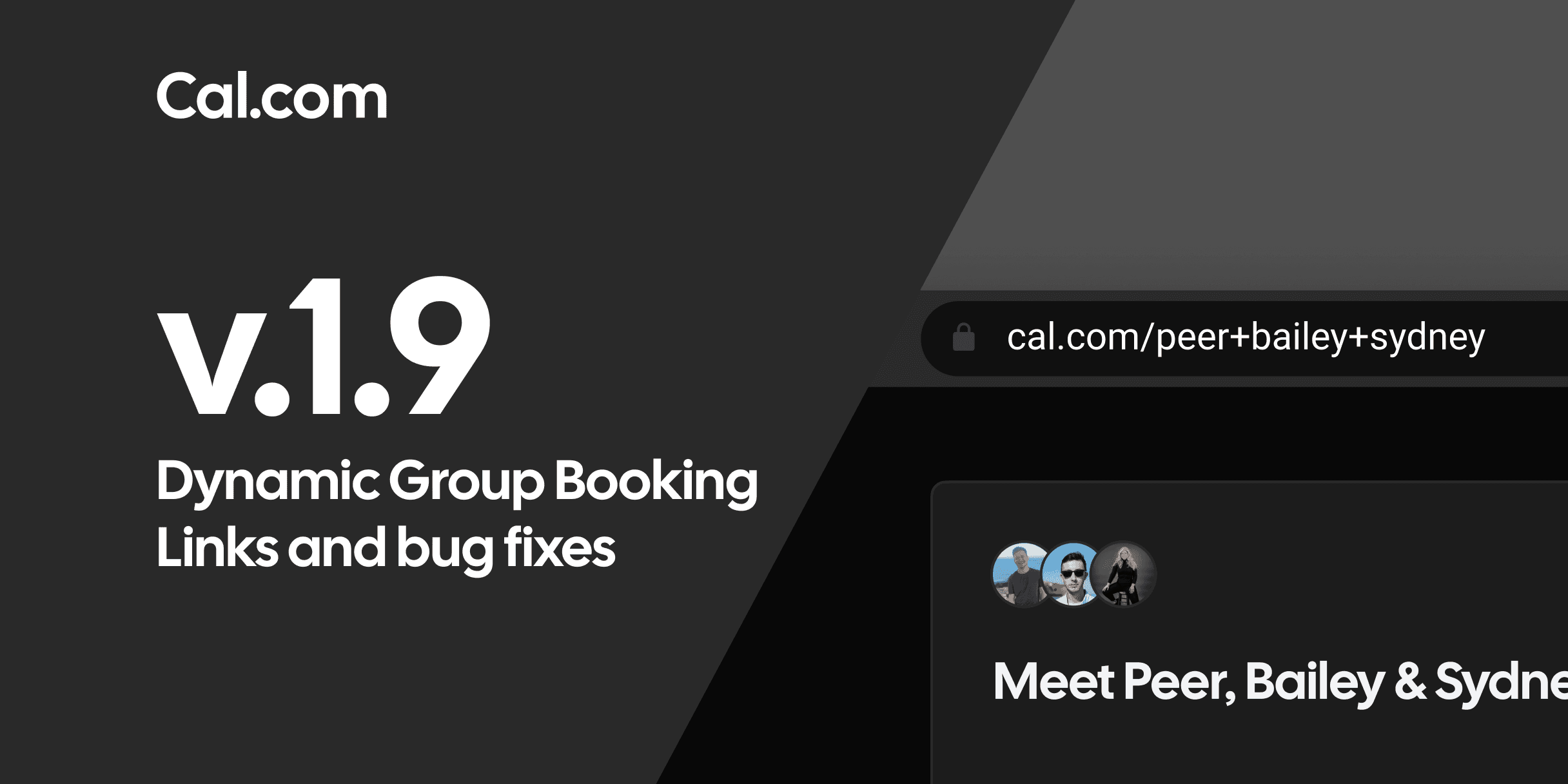Cal.com v1.9 dynamic group booking link announcement graphic