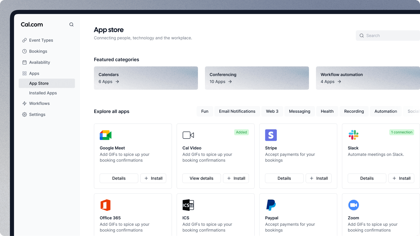 Cal.com App Store grid of integrations