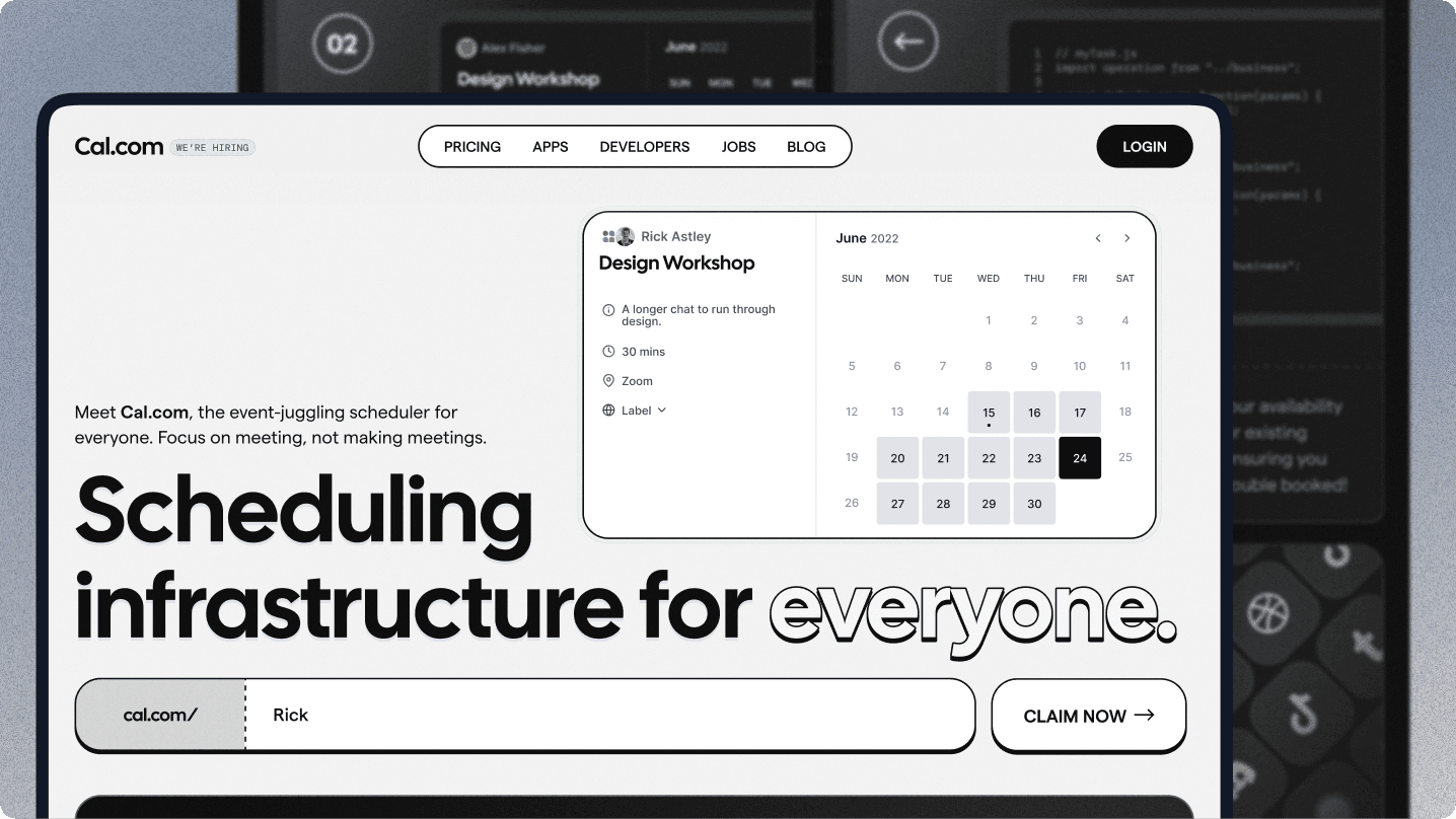 Cal.com homepage screenshot with scheduling widget
