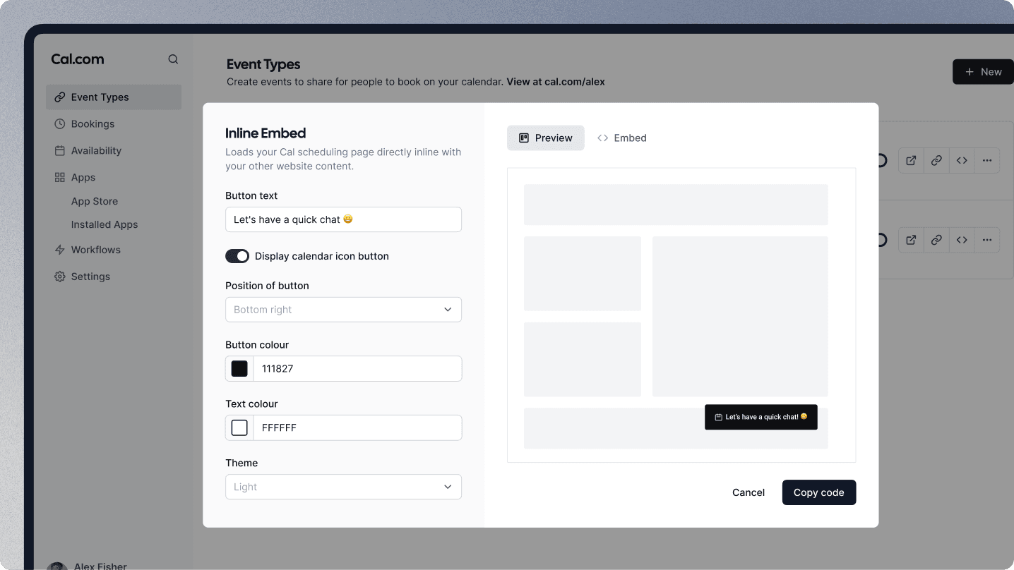 Cal.com inline embed configuration modal