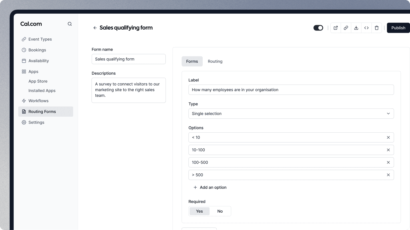 Screenshot of Cal.com routing form builder