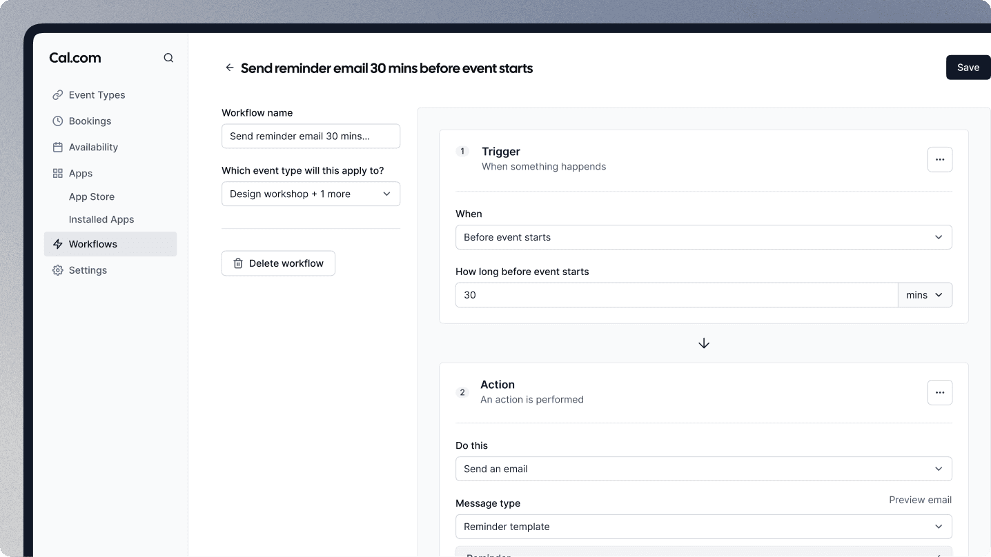 Screenshot of Cal.com workflow editor