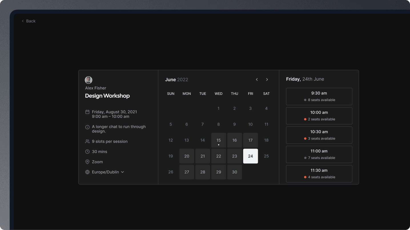 Dark mode Cal.com booking page mockup