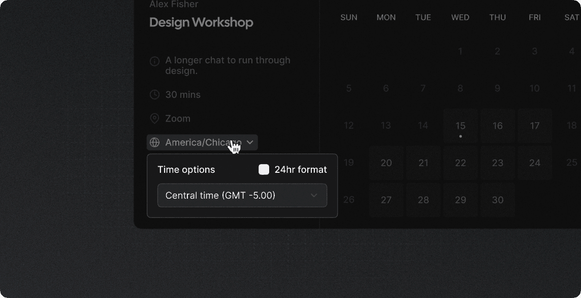 Cal.com booking page with timezone selector open
