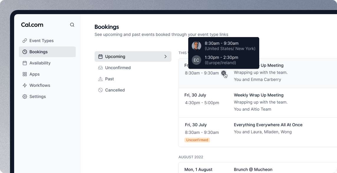 Screenshot of Cal.com bookings list