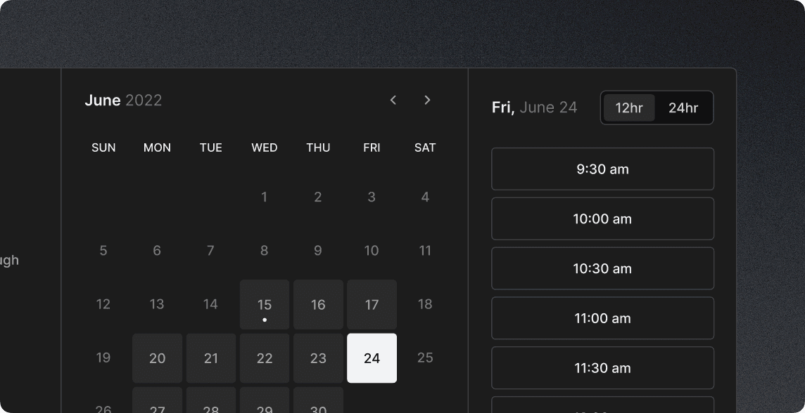 Dark mode Cal.com booking calendar with time slots