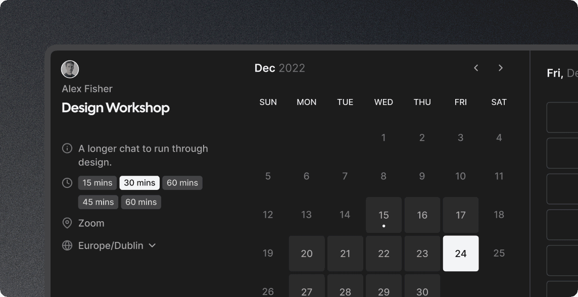 Cal.com booking page in dark mode