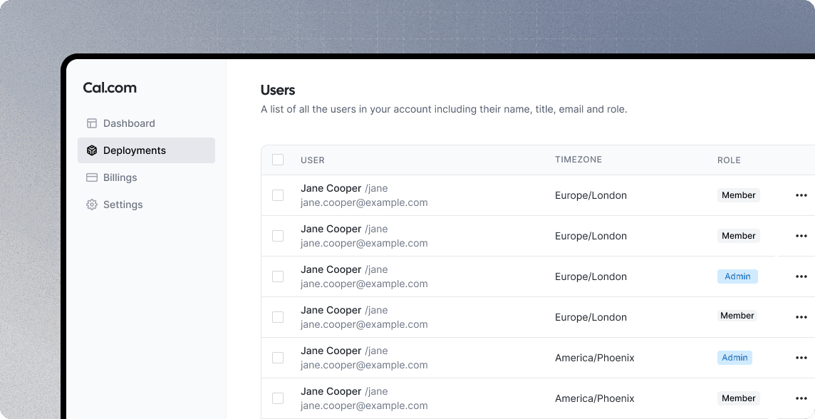 Cal.com users list admin screen