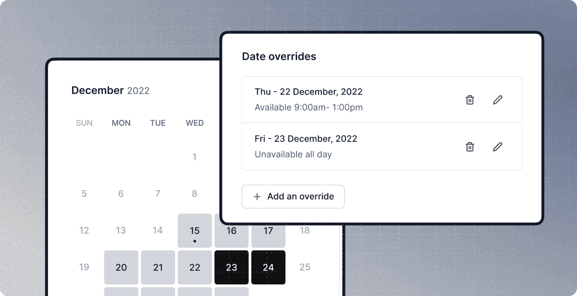 Calendar with date overrides panel for availability