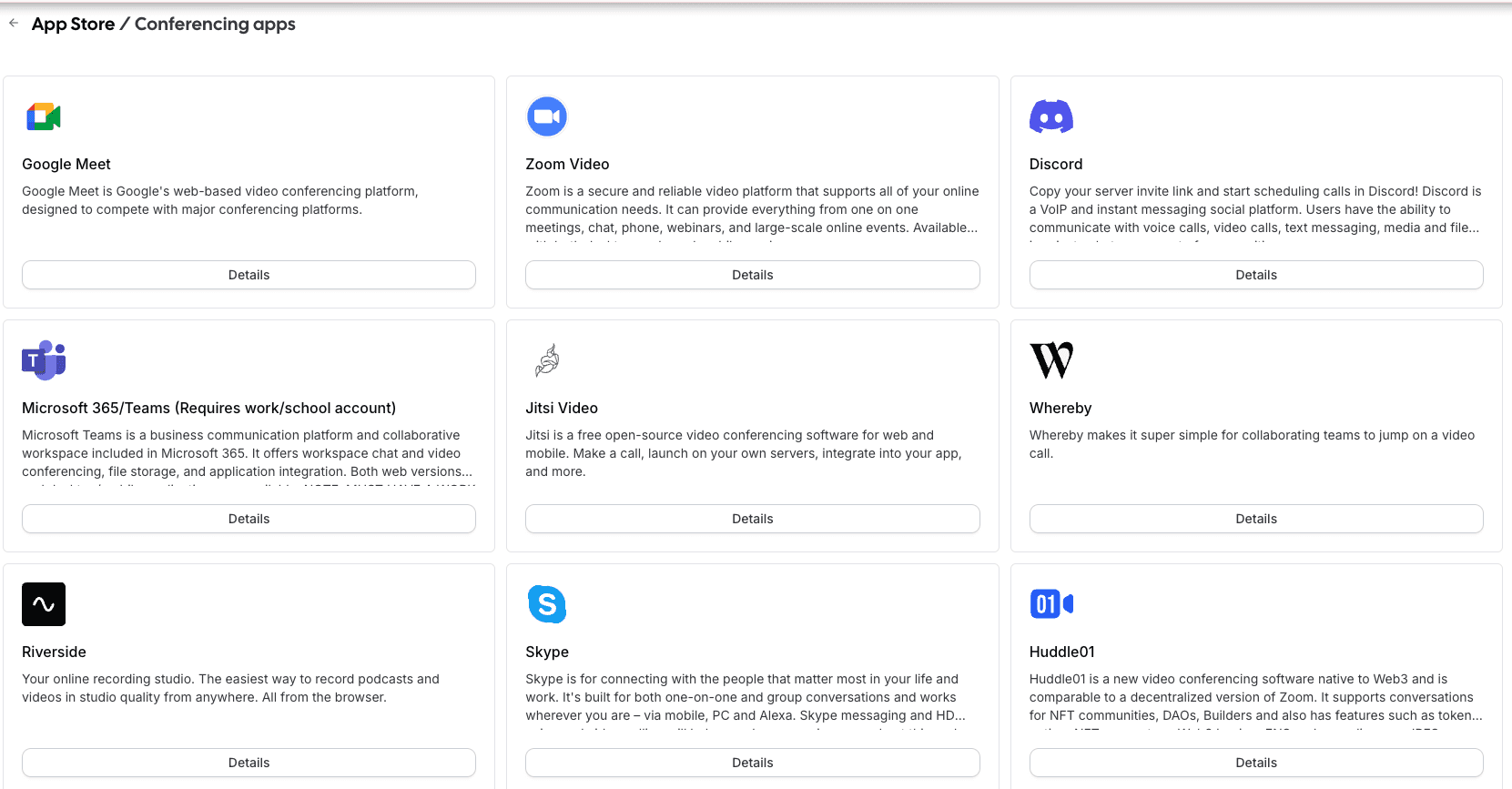 Screenshot of Cal.com conferencing apps store