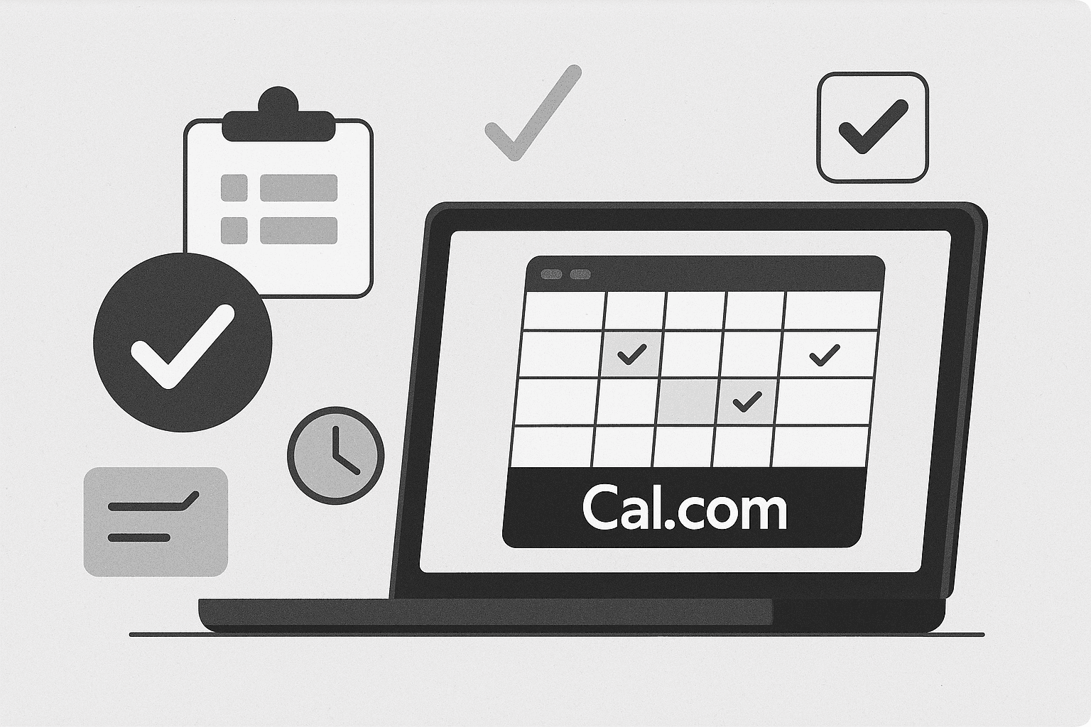 Illustration of laptop showing Cal.com calendar with checkmarks