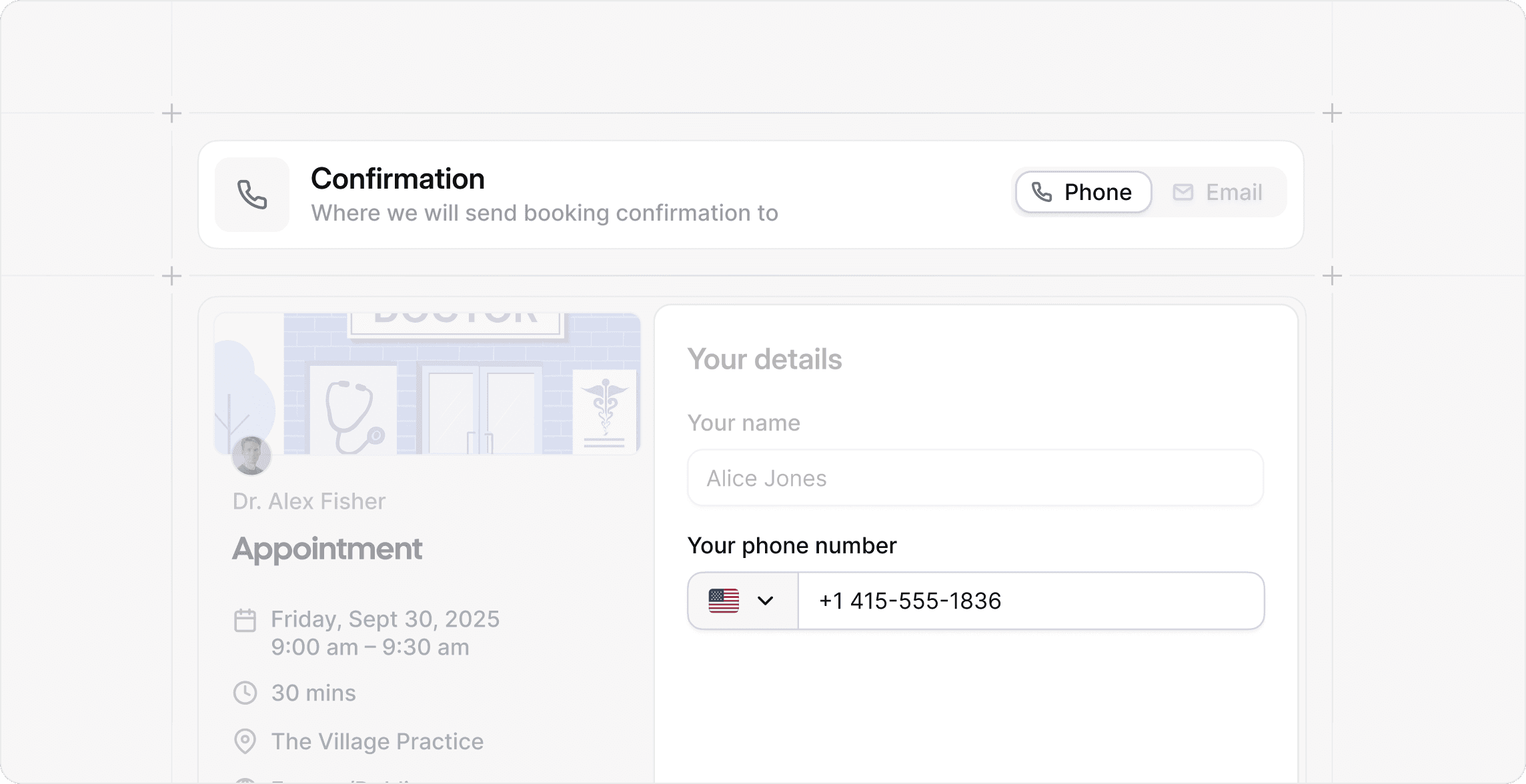 Booking confirmation form with phone number field