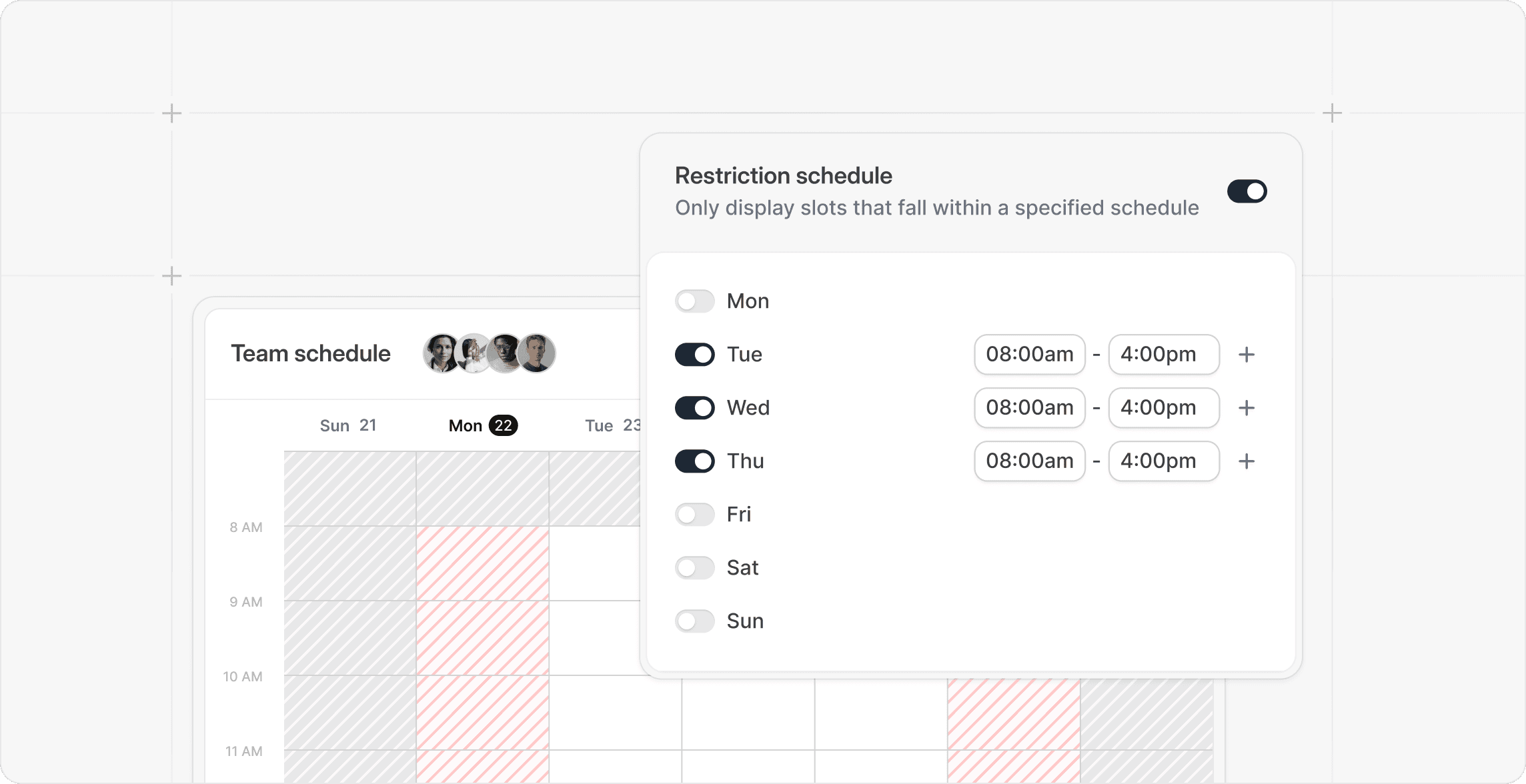 Cal.com team restriction schedule popup