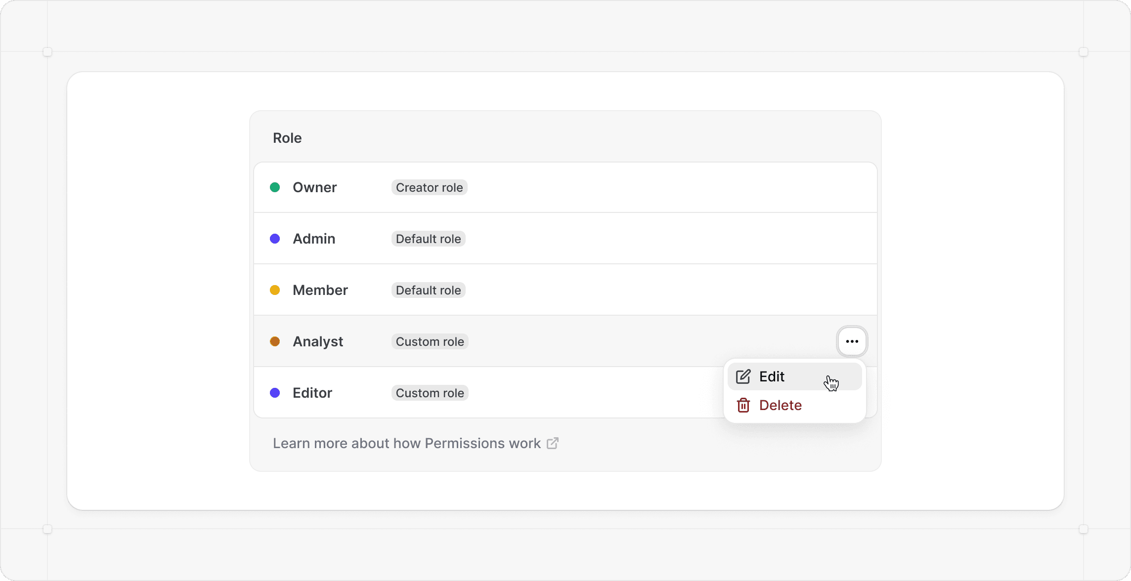 Roles and permissions list with edit menu open