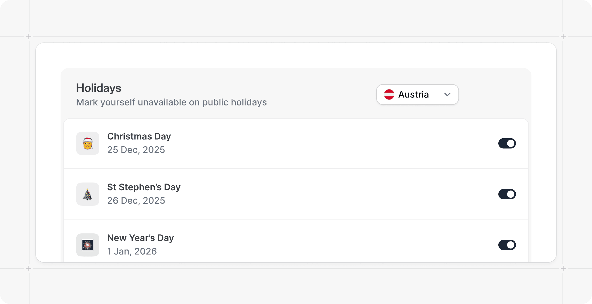 Cal.com holidays settings with Austria public holidays