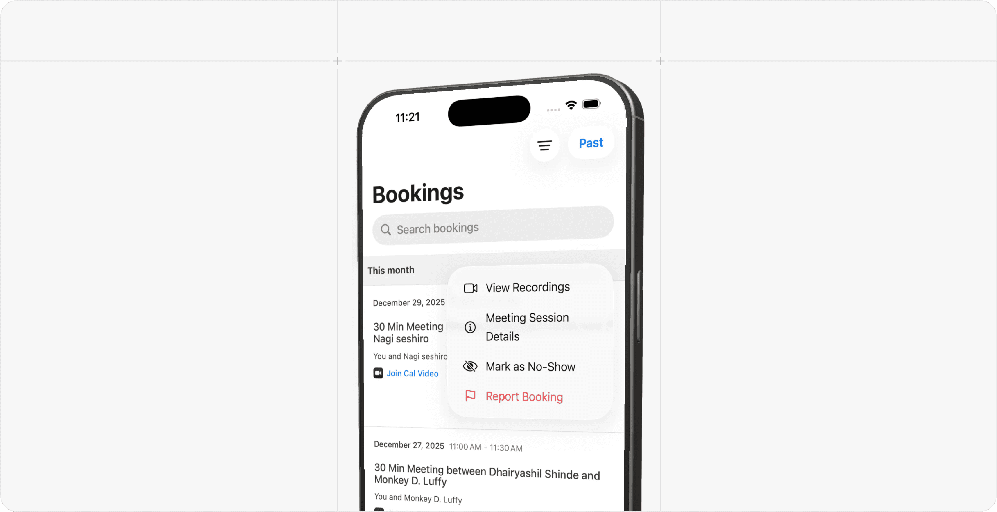 Cal.com Companion app bookings screen on phone