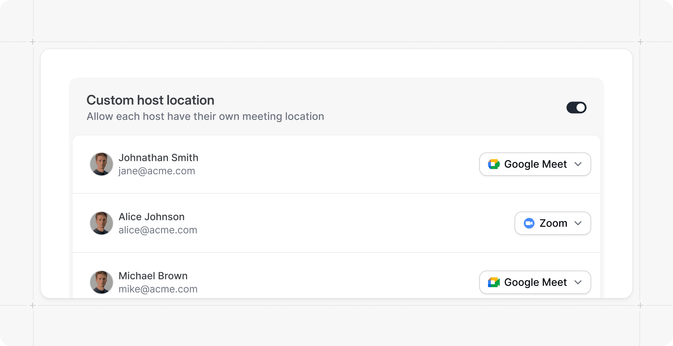 Cal.com custom host location settings screenshot