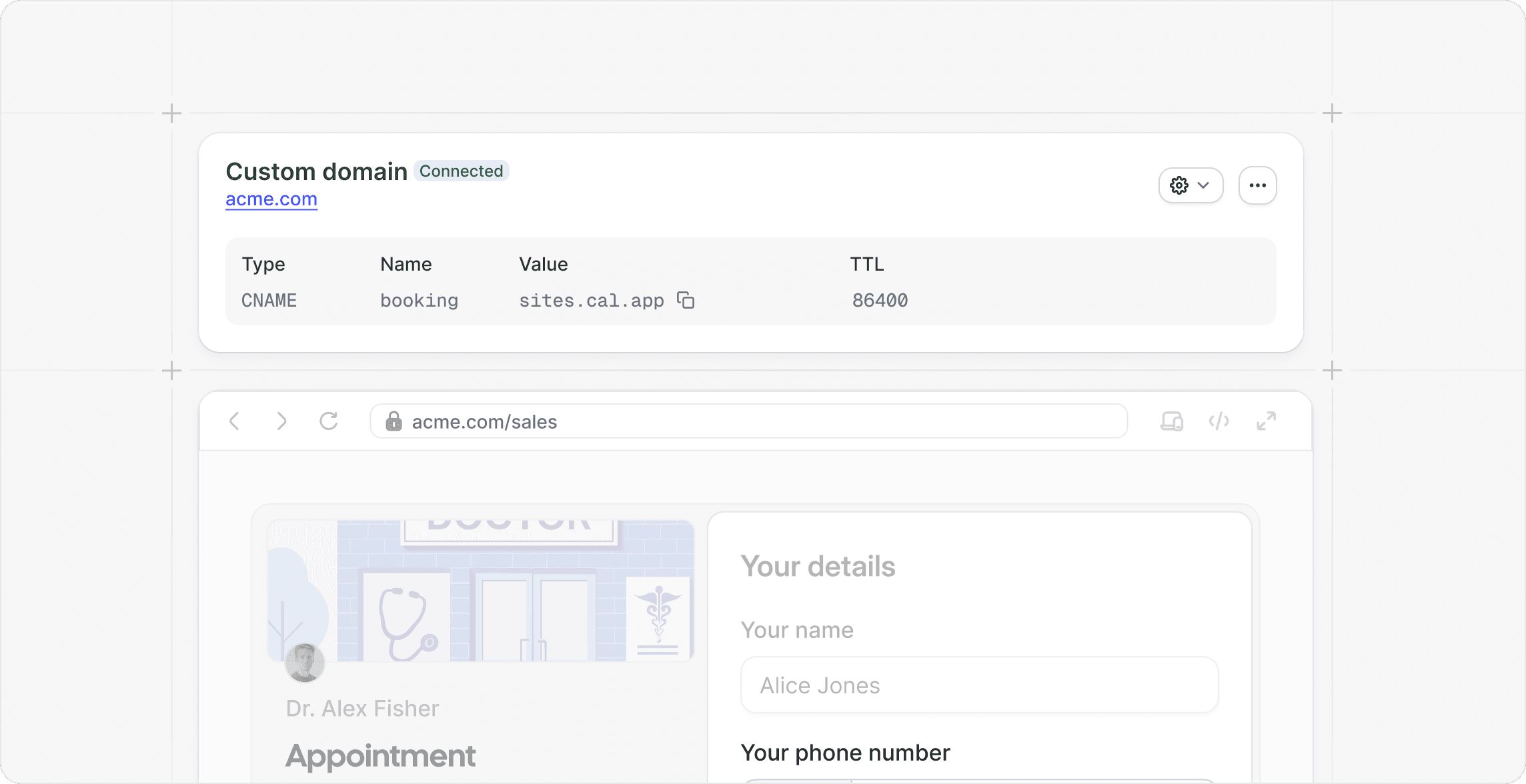 Cal.com custom domain configuration screen