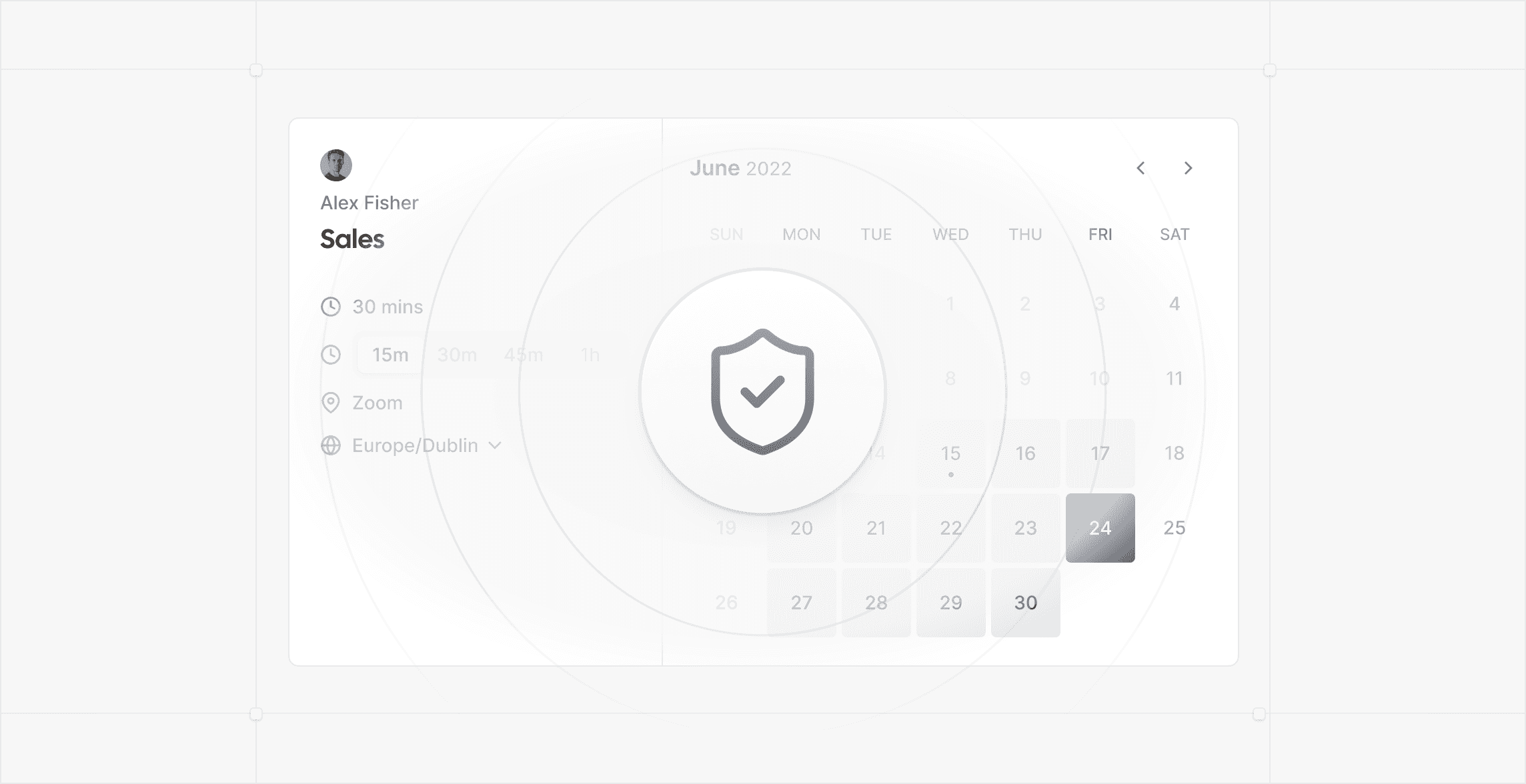Cal.com booking card with a security shield icon