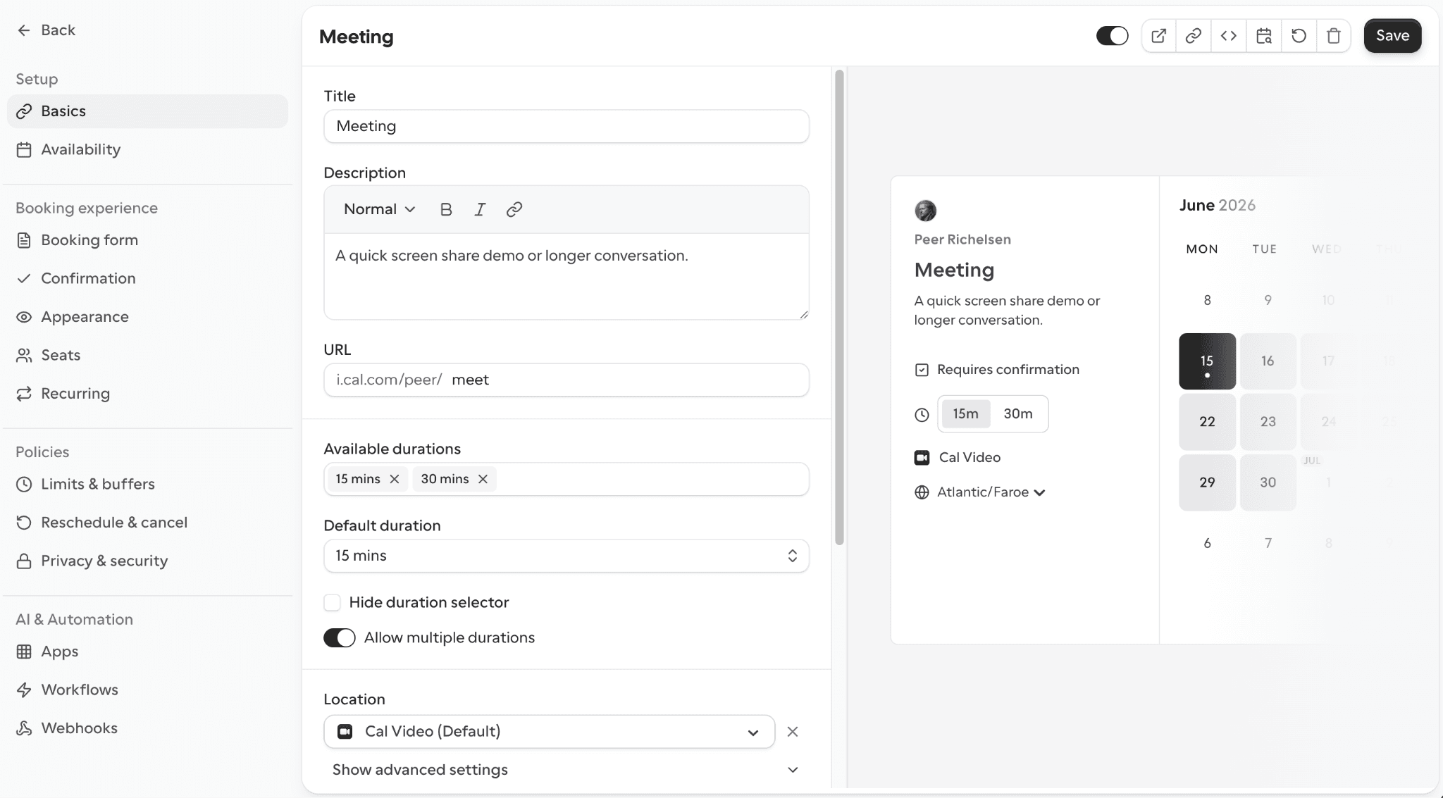 Cal.com event type basics editor with preview