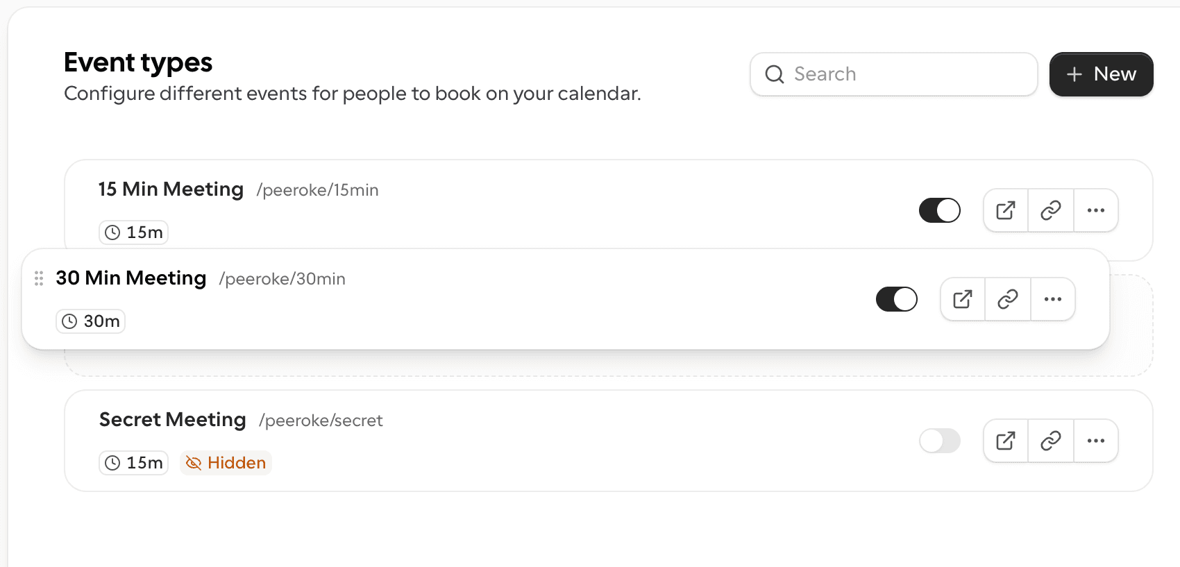 Cal.com event types list with toggles and links