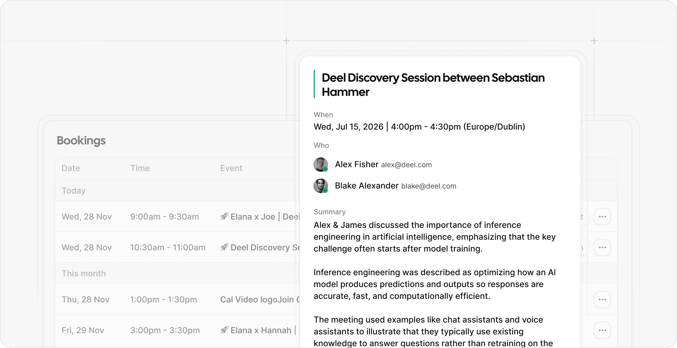 Screenshot of Cal.com bookings list with meeting notes