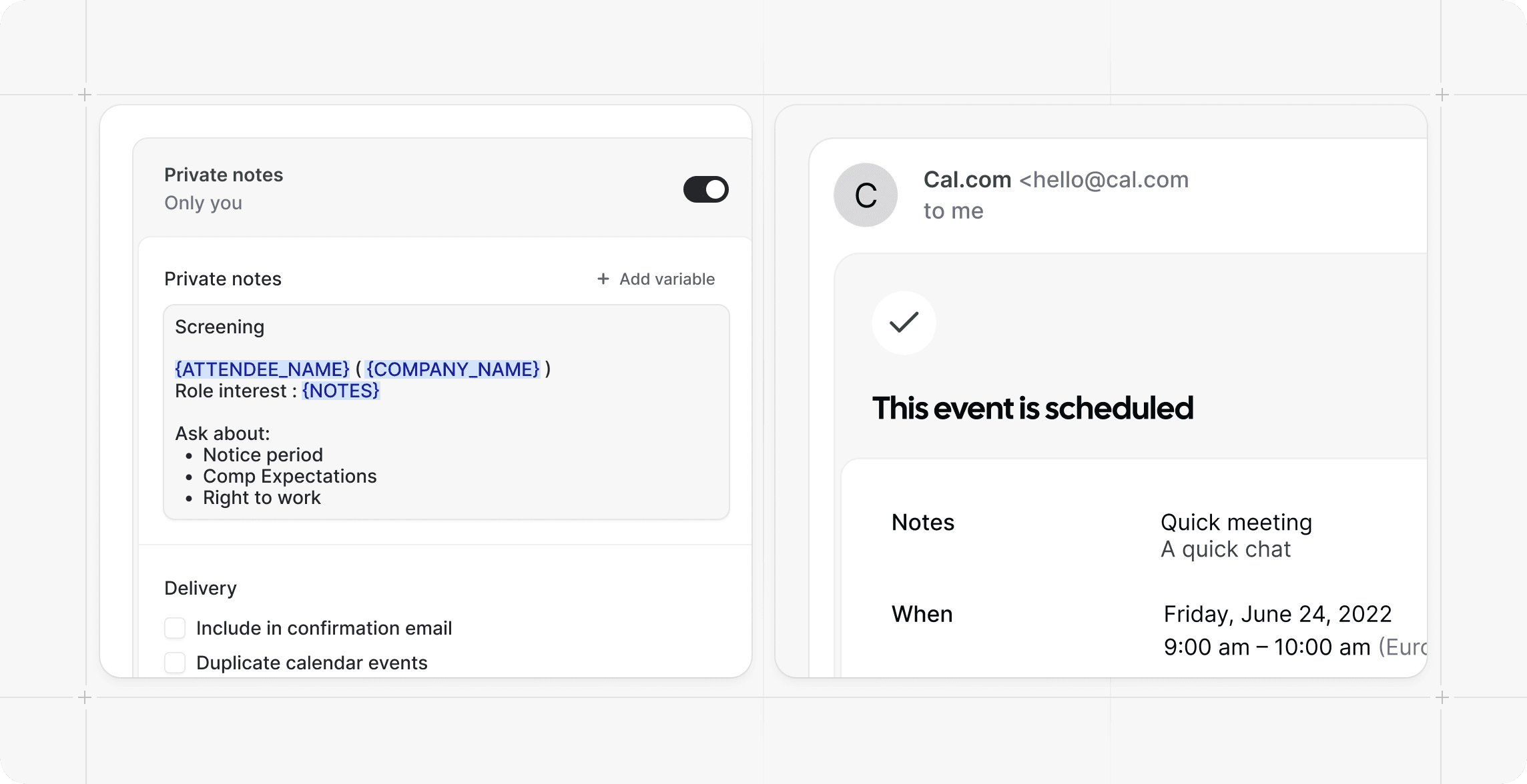 Cal.com private notes and email confirmation
