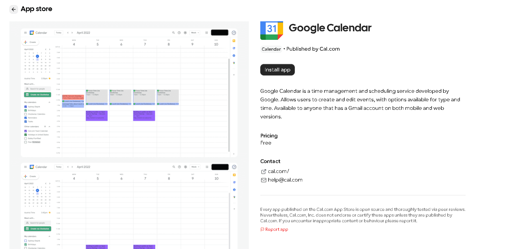 Cal.com App Store listing for the Google Calendar integration, showing application details, installation button, and description of the service.