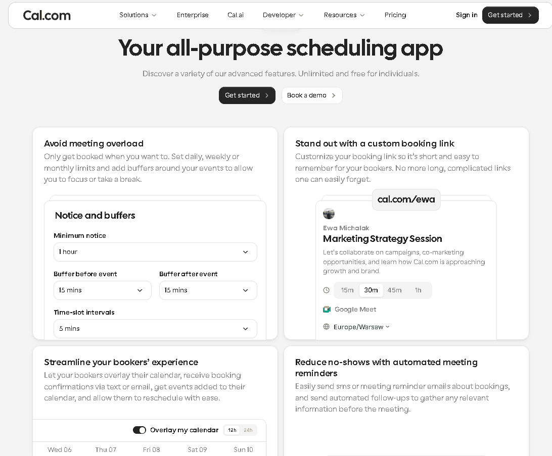 Cal.com features grid showcasing advanced scheduling capabilities, including meeting buffers, custom booking links, streamlined booking experiences, and automated meeting reminders.
